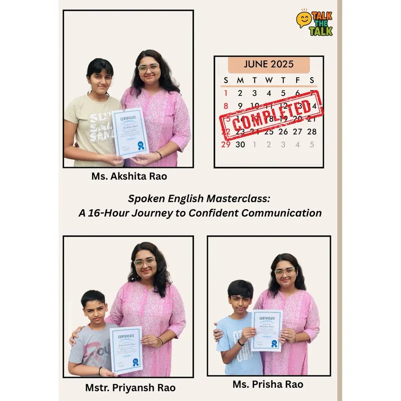 Certificates from the TalkTheTalk Spoken English Masterclass, June 2025